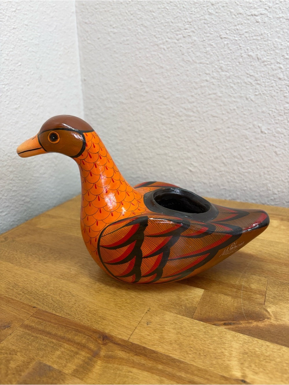 Signed M Palacios Mexico Tonala Pottery Bird Bud Vase Hand Painted Folk Art